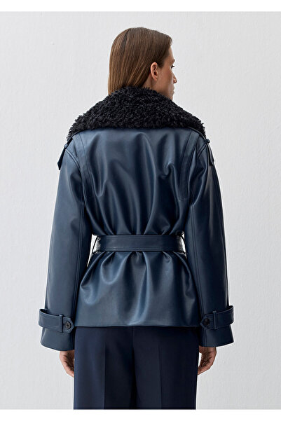 Mavi Navy Blue Faux Fur Detailed Faux Leather Jacket Loose Fit / Relaxed Fit 1110717-87822