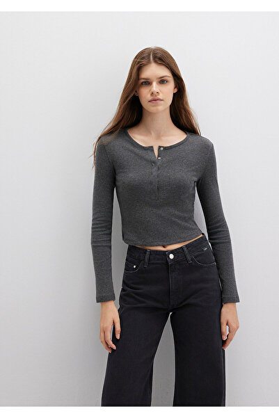 Mavi Button Detailed Long Sleeve Anthracite Crop Basic T-Shirt Crop / Short Cut 1613403-80023