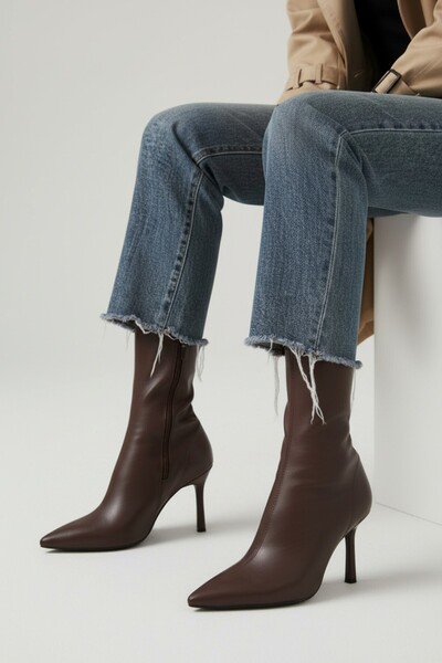 Cochines Καφέ Stretch Μπότες Γυναικείες με λεπτό τακούνι στιλέτο με φερμουάρ στο πλάι Άνετες καθημερινές μπότες με τακούνι