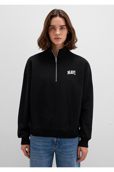 Mavi Μαύρο φούτερ με τυπωμένο λογότυπο με ημιφερμουάρ 1S10179-900