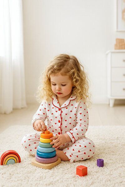 FURYATEX 100% Cotton Organic Double Layer Muslin Red Heart Patterned 2-Piece Pajama Set