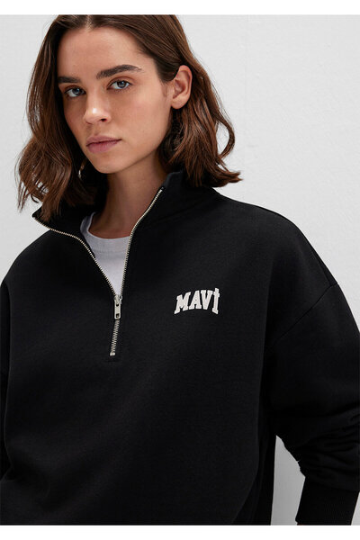 Mavi Μαύρο φούτερ με τυπωμένο λογότυπο με ημιφερμουάρ 1S10179-900