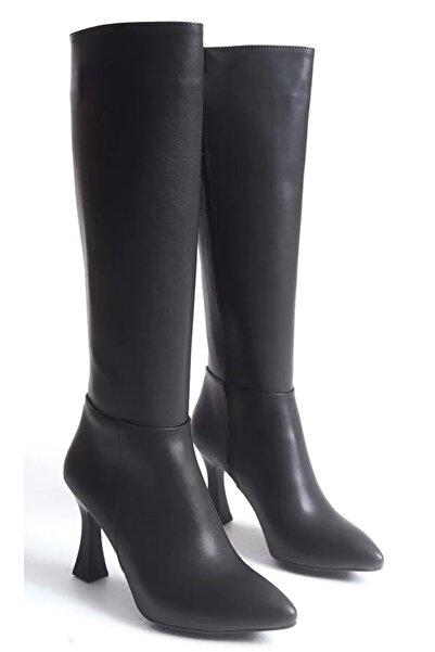 Kocamanlar Ayakkabı Feles Жіночі чоботи з каблуком нижче коліна та гострим носком ЧОРНІ