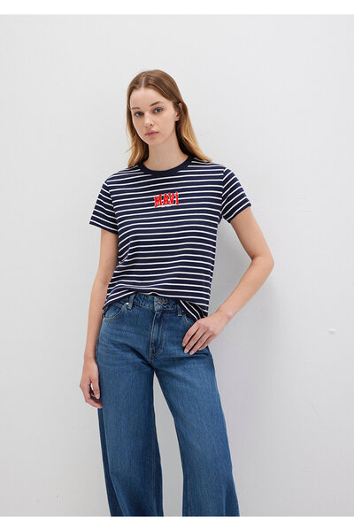 Mavi Gestreiftes Marineblau-T-Shirt mit Logo-Print, reguläre Passform / normaler Schnitt 1613562-88030