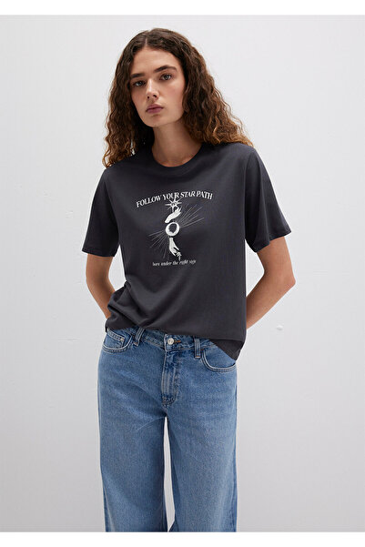 Mavi Anthrazitfarbenes T-Shirt mit Astrologie-Aufdruck, reguläre Passform / normaler Schnitt 1613525-70087