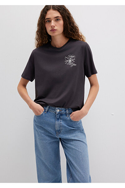 Mavi Anthrazitfarbenes T-Shirt mit Schmetterlingsdruck, reguläre Passform / normaler Schnitt 1613459-70087