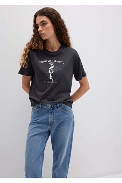 Mavi Anthrazitfarbenes T-Shirt mit Astrologie-Aufdruck, reguläre Passform / normaler Schnitt 1613525-70087