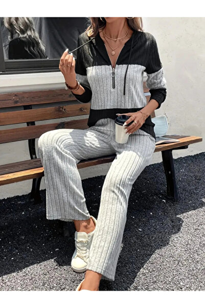 Butik Women's long sleeve hooded front zipper raised ribbed camisole blouse and pants