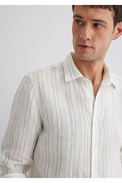 Mavi Πουκάμισο από λινό με πράσινες ρίγες εκρού Regular Fit / Κανονική εφαρμογή 0211525-71481