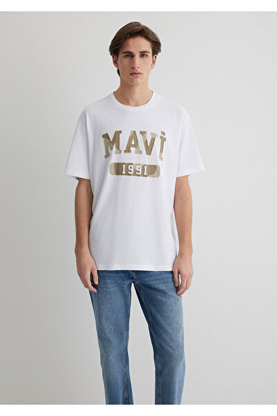 Mavi 1991 Bedrucktes weißes T-Shirt mit lockerer Passform / lockerer, entspannter Passform 0612573 -620