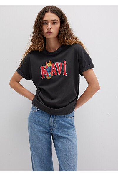 Mavi Anthrazitfarbenes T-Shirt mit Katzen-Logo-Aufdruck, lockere Passform / lockere, entspannte Passform 1613285 -70087