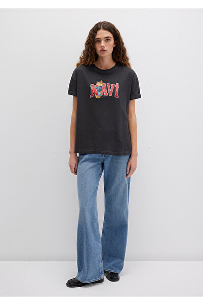 Mavi Anthrazitfarbenes T-Shirt mit Katzen-Logo-Aufdruck, lockere Passform / lockere, entspannte Passform 1613285 -70087