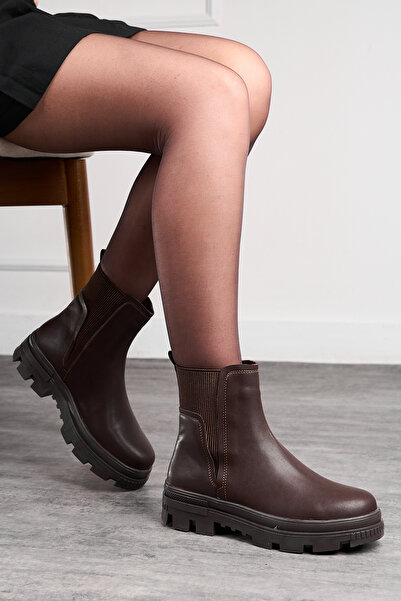 İmerShoes Γυναικείες καθημερινές δερμάτινες μπότες με λεπτομέρεια από καουτσούκ με φερμουάρ και χοντρή αντιολισθητική σόλα, καφέ χρώμα, μπότες 7444