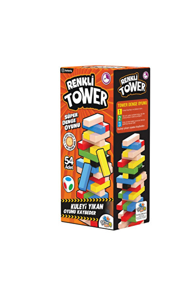TOTTERİQ Tower Renkli Jenga Büyük Boy Doğal Ahşap Denge Oyunu Kule Oyunu Tower 54 Adet