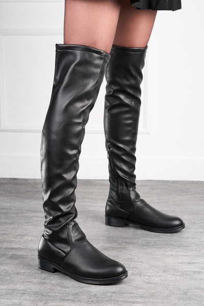 İmerShoes Dámské boty pro volný čas černé kožené boty, strečové ponožky nad kolena na podpatku, tkaničky na zip, číslo modelu GX9688