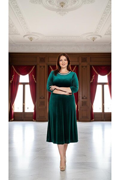 Nidya Moda Kadın Yeşil İncili Kadife Abiye Elbise 4074Y