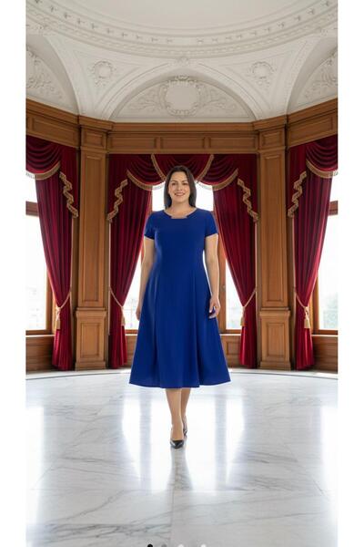 Nidya Moda Kadın Saks Taş Aksesuarlı Abiye Elbise 4088SX