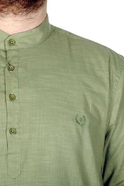 ModeXL Mode Xl Великий розмір Чоловіча сорочка з льону з еластаном та коміром-стійкою 20388 Зелена