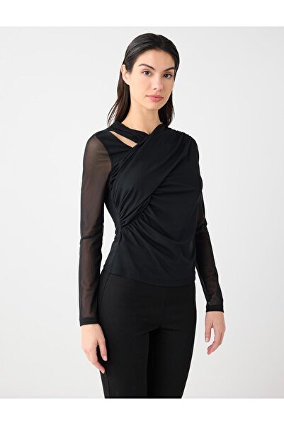 Jimmy Key Black Slim Fit Asymmetrical Neckline Mesh Knitted Blouse