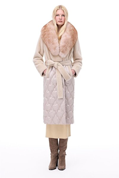 Perspective Avilas Regular Fit Midi Boy Takma Kol Ceket Yaka Bej Mont