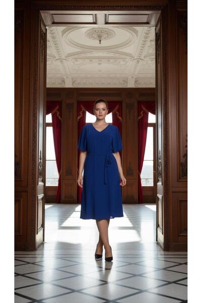 Nidya Moda Kadın Saks Büyük Beden Kuşaklı Elbise-4071sx