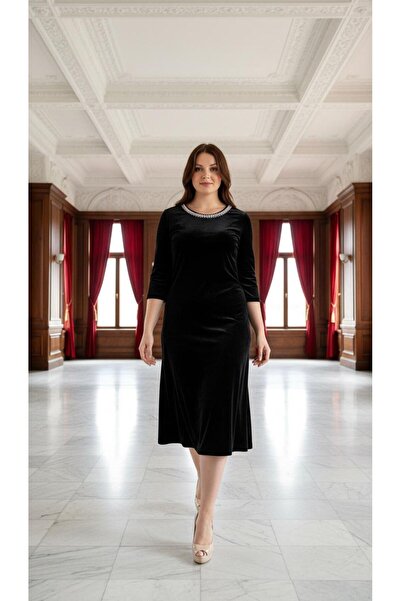 Nidya Moda Kadın Siyah İncili Kadife Abiye Elbise 4074S
