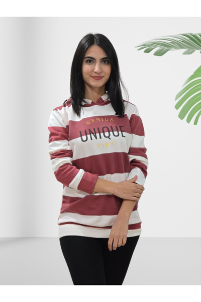 YusGos Unique Printed Hooded Striped Sweatshirt (Red-White) m Red