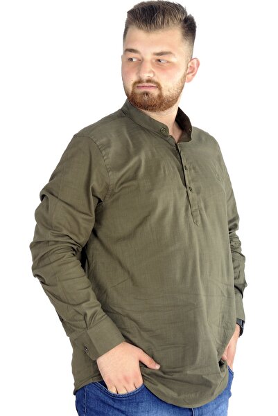 ModeXL Mode Xl Ανδρικό λινό πουκάμισο μεγάλου μεγέθους ελαστικό ύφασμα Ukol με γιακά 20388 Χακί