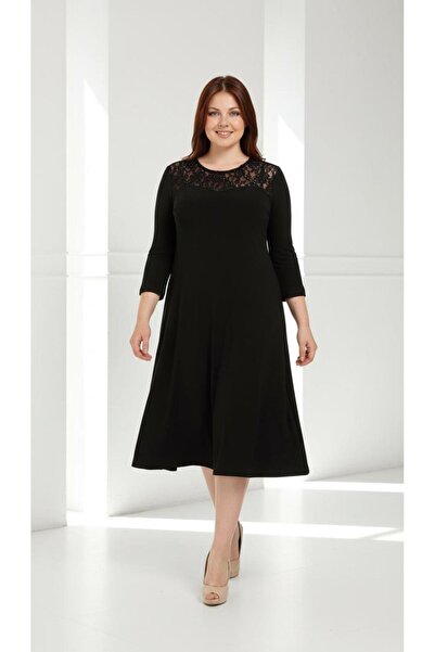 Nidya Moda Kadın Siyah Dantel Roba Abiye Elbise 4078DS