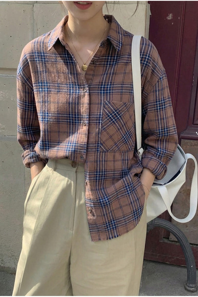 FEMELLE Women's Brown Plaid Pattern Single Pocket 100% Cotton Oversized Shirt (Get 1 Size Smaller)