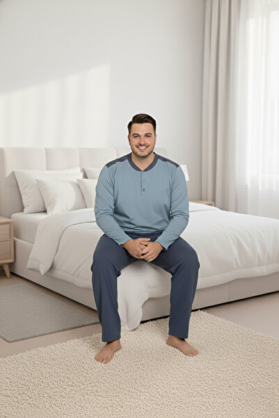 bie's Ανδρικές πιτζάμες μπλε Plus Size με τσέπες - 3 κουμπιά, μακρυμάνικο, 100% βαμβάκι