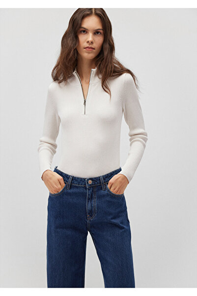 Mavi Pulover alb cu guler cu fermoar pe jumătate, potrivit / tăiat pe corp 1710519 -70057