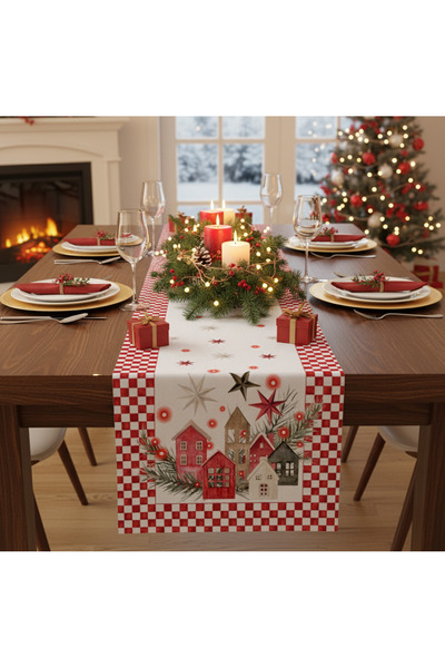 Evmila Velvet Textured Red Checkerboard and House Patterned Christmas Themed Runner 40X140 cm