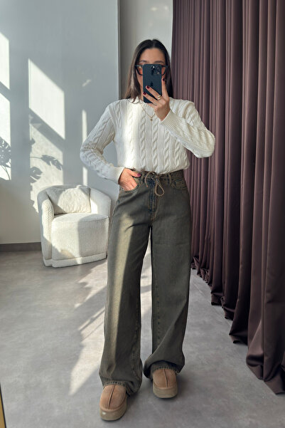 YOUR NAME Ψηλόμεση Κορδόνι Πράσινο Φαρδύ Γυναικείο Τζιν