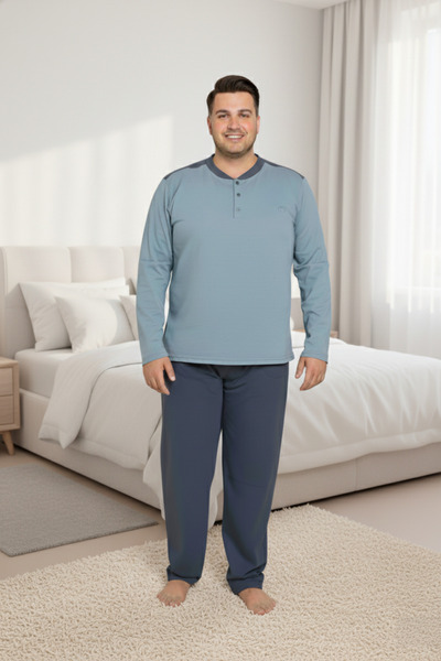 bie's Ανδρικές πιτζάμες μπλε Plus Size με τσέπες - 3 κουμπιά, μακρυμάνικο, 100% βαμβάκι