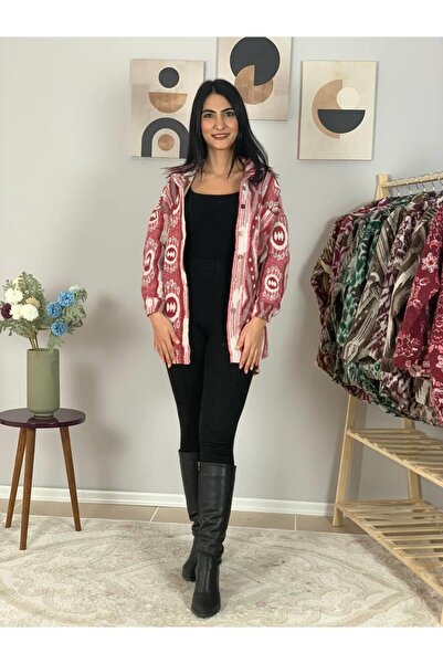 YusGos Women's Single Pocket Patterned Thick Lumberjack Jacket Shirt (Red-White) Standard Red