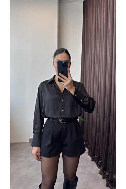YOUR NAME Basic Siyah Kadın Saten Gömlek