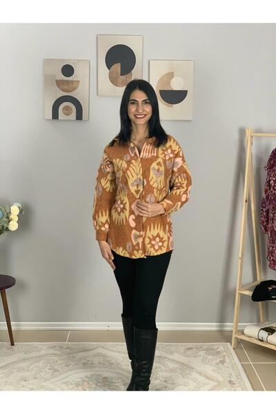 YusGos Women's Single Pocket Patterned Thick Lumberjack Jacket Shirt (Tile) Standard Khaki