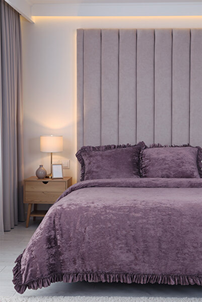 HAMUR Crush Hare Effect Double Bedspread Set with 2 Pillowcases Ruffled Satin Shine Plum