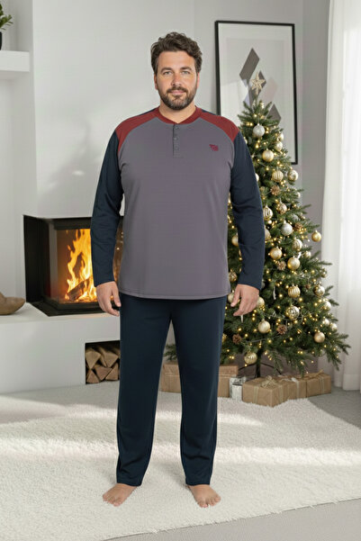 GUAVA+ Ανδρικό σετ πιτζάμες ανθρακί μπορντό μεγάλου μεγέθους με σχέδιο με 3 κουμπιά, 100% βαμβάκι, εποχιακό μακρυμάνικο σετ πιτζάμες με τσέπες