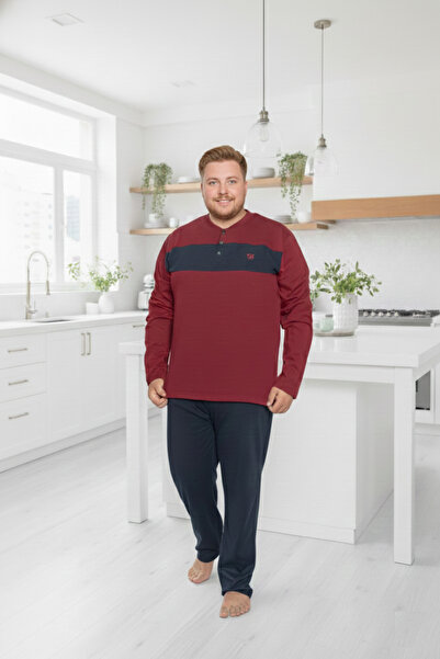 GUAVA+ Men's Burgundy Large Plus Size Patterned 3 Button 100% Cotton Seasonal Long Sleeve Pajama Set with Pockets