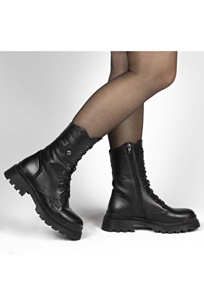 TwoEgoist Kadın Siyah Hakiki Deri Uzun Postal Bot – Kalın Tabanlı, Kaydırmaz,...