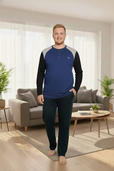 GUAVA+ Ανδρικό μπλε μεγάλο μέγεθος με σχέδιο με 3 κουμπιά 100% βαμβακερό εποχιακό μακρυμάνικο σετ πιτζάμες με τσέπες