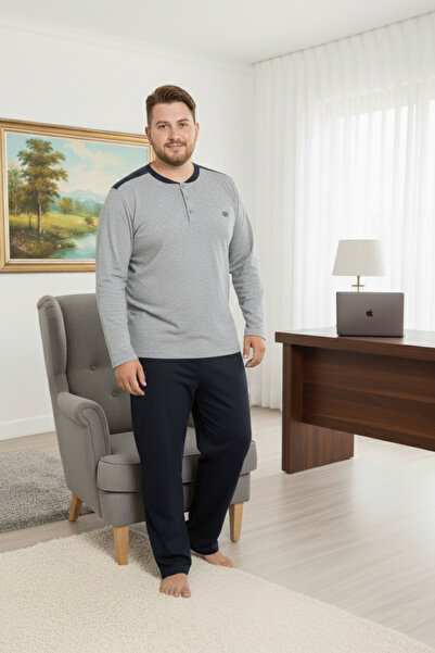 GUAVA+ Men's Light Gray 3 Button Chest Pocket Transitional Long Sleeve 100% Cotton Plus Size Pajama Set with Pockets