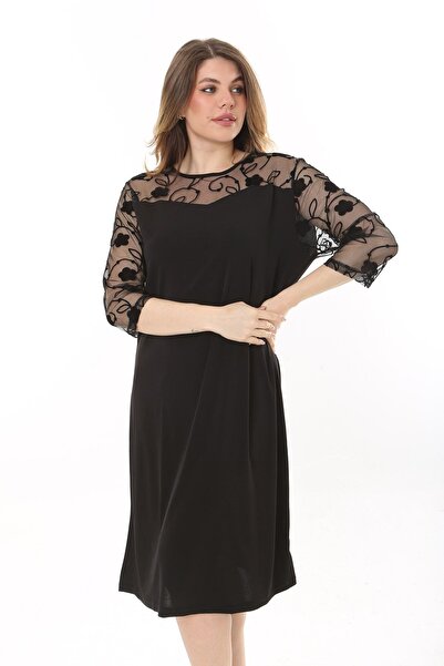 Şans Women's Plus Size Black Lace Detailed Dress 65N37659