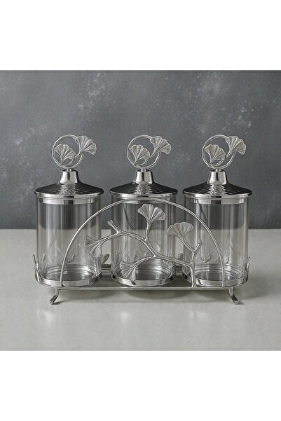İnterlife 3-Piece Silver Metal Stand Spice Rack Kitchen Spice Set Glass Jar with Handle 700 ml (24X31 cm)