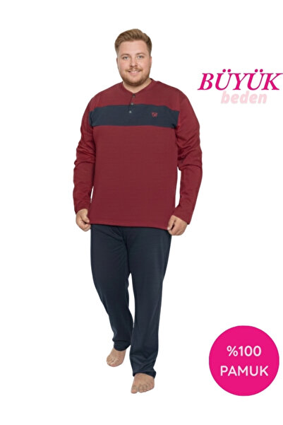 GUAVA+ Men's Burgundy Large Plus Size Patterned 3 Button 100% Cotton Seasonal Long Sleeve Pajama Set with Pockets