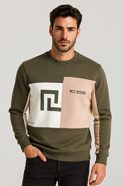 NCS Erkek Sweatshirt Haki Monogram Desenli Logo Detaylı Relaxed Fit Crewneck ...