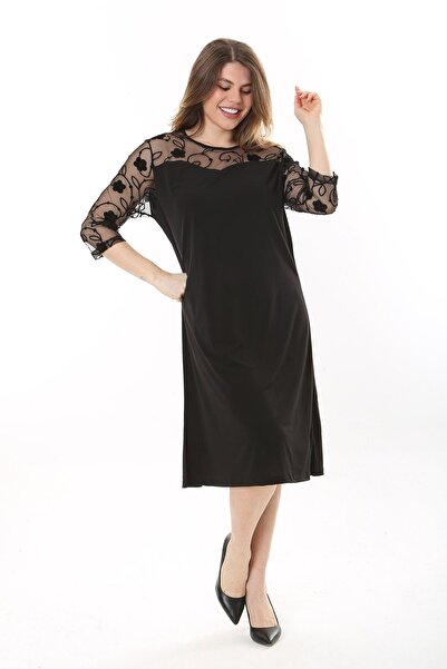 Şans Women's Plus Size Black Lace Detailed Dress 65N37659