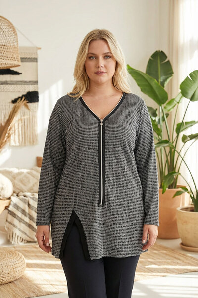 Stil Diva Plus Size V Neck Front Zip Slit Detail Blouse 173658